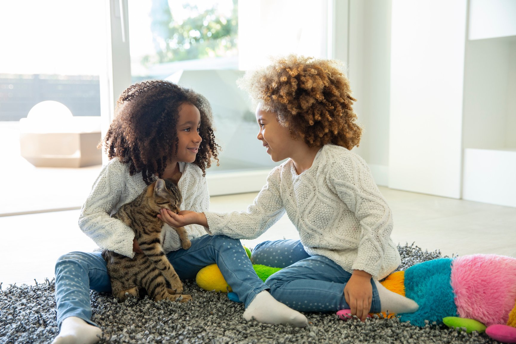 Ethnic kid girl playing with cat